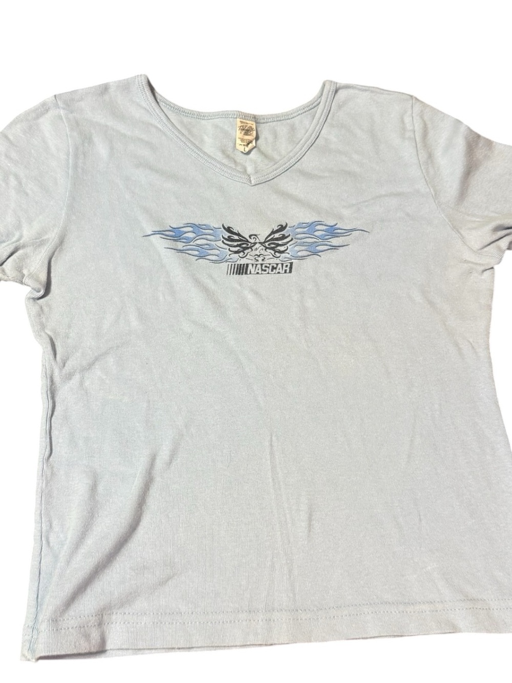 90s Y2K Vintage NASCAR Women's Light Blue V-Neck Graphic Tee single stitch